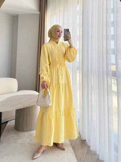 Women's Elegant Solid Color Button Waist Tie Knot Casual, Birthday Party, Formal Evening, Date Lantern Sleeve Hem Patchwork Dress, Autumn/Winter Spring