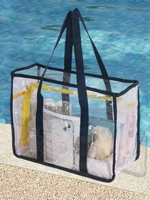 1 pieza Bolso de playa grande y transparente de estilo minimalista, bolso de playa de malla colorido, bolso de tote grande y transparente de PVC, bolso de playa plegable para mujer - transparente - Ver 2