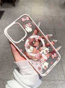 Pink Bow & Floral Ghost Print Magnetic Ring Phone Case Compatible With IPhone 16 Pro Max, 14/13, 12, 11 Pro Max, XS Max, X, XR, 8, 7, Plus, Mini, Suitable As Birthday Gift For Girlfriend, Boyfriend Or Personal Use Waterproof Shockproof Anti-Fall Scratch Resistant