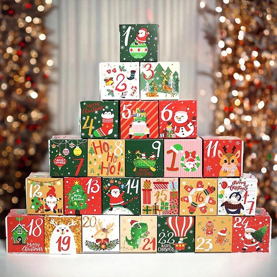 24 piezas Cajas de regalo de Navidad Calendario de Adviento Cajas de dulces Cajas de embalaje de papel con 24 números Cajas de regalo de Navidad, Cajas de regalo para la fiesta de Nochebuena, Suministros de decoración navideña, Edición limitada