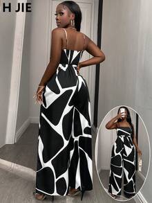 1 Women's Geometric Print Jumpsuit With Pleated Top For A Casual And Elegant Look, Perfect For Graduations Or Everyday Wear - Black and White - View 1