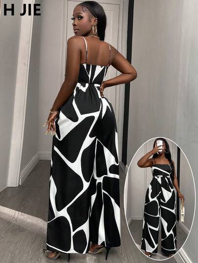 1 Women's Geometric Print Jumpsuit With Pleated Top For A Casual And Elegant Look, Perfect For Graduations Or Everyday Wear