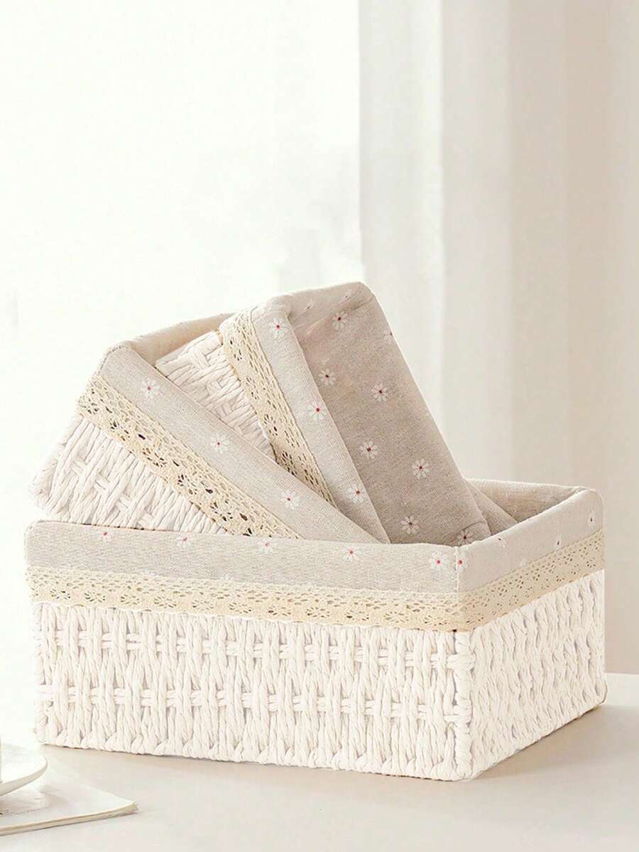 1 pieza/3 piezas Cesta de almacenamiento tejida, Cesta de almacenamiento con tapa para escritorio, Cesta de almacenamiento tejida hecha a mano, Caja de almacenamiento de aperitivos para escritorio, Caja de almacenamiento de juguetes para sala de estar, Cesta de almacenamiento de llaves y varios, Cesta de almacenamiento de cosméticos, Artículos de organización y almacenamiento para el hogar en cocina, baño, dormitorio, sala de estar, dormitorio, escritorio de oficina, accesorios de decoración del hogar