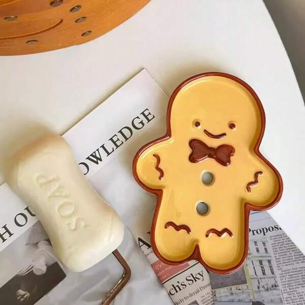 1 pieza Plato de jabón de cerámica con forma de hombre de jengibre, lindo soporte de jabón con forma de galleta, decoración de bandeja de drenaje de jabón con diseño de dibujos animados