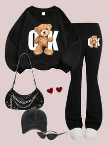 2 - Piece Set Girl Cute And Stylish Style Bear Print Casual Set, Soft And Comfortable, Spring Autumn Daily School Wear - Black - View 2