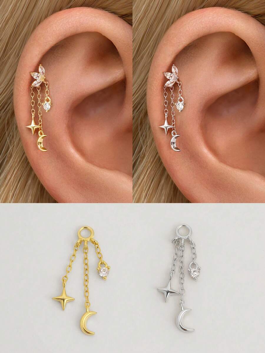 1piece 925 Sterling Silver Stars Moon Tassels Piercings Earrings Chain Charm Flat Back Cartilage Helix Piercing Fine Jewelry For Daily Wear Wedding Party Engagement Anniversary Valentine's Day(Sold As 1 Piece) - Star and Moon Tassel Pendant Accessories - View 1
