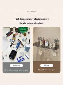 1 Piece Drill-Free Bathroom Shelf, A Large-Capacity Storage Shelf With Hooks, Wall-Mounted Via Suction Cup Installation, And Featuring Drainage Holes. It Serves As An Essential Item For Summer Bathrooms, Back-To-School Supplies, And Bathroom Decoration, Suitable For Bathrooms, Kitchens, And School Dormitories.