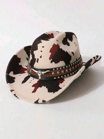 1pc Unisex Polyester Cow Print Denim Cowboy Hat - Leather Rivet Cow Head Decor, Suitable For Horse Riding, Outdoor Travel, Cowboy Party And Daily Wear