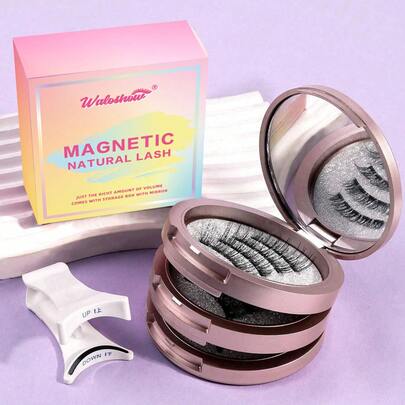 Waloshow 3 paires/set de faux cils magnétiques naturels CC recourbés, réutilisables avec un applicateur professionnel, sans colle nécessaire, faciles à porter et à retirer, créent un look de maquillage naturel, style 3D naturel épineux de dessin animé doux et moelleux