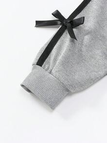 Girls Autumn/Winter Fashion Set, Short Hooded Sweatshirt With Bow Decor & Wide Leg Pants - Grey - View 5