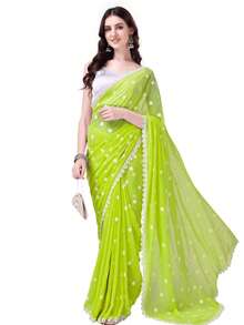 Estationeryhouse Women's Georgette Embroidery Border Work Designer Saree With Blouse Piece - Mint Green - View 2