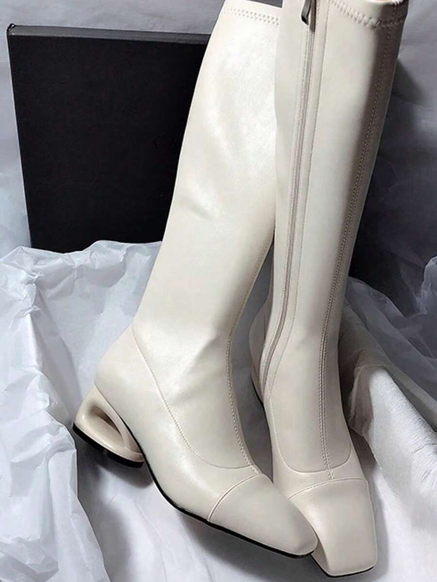 女士时尚靴子，黑色细高筒靴2025秋冬新款女鞋，方头侧拉链不对称鞋跟过膝靴，白色靴子