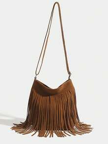 1pc Women's Vintage Tassel Bucket Bag, Reversible Tassel Crossbody Shoulder Bag - Brown - View 1