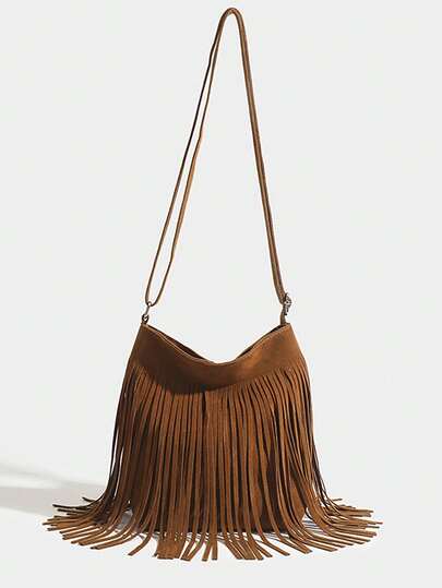 1pc Women's Vintage Tassel Bucket Bag, Reversible Tassel Crossbody Shoulder Bag