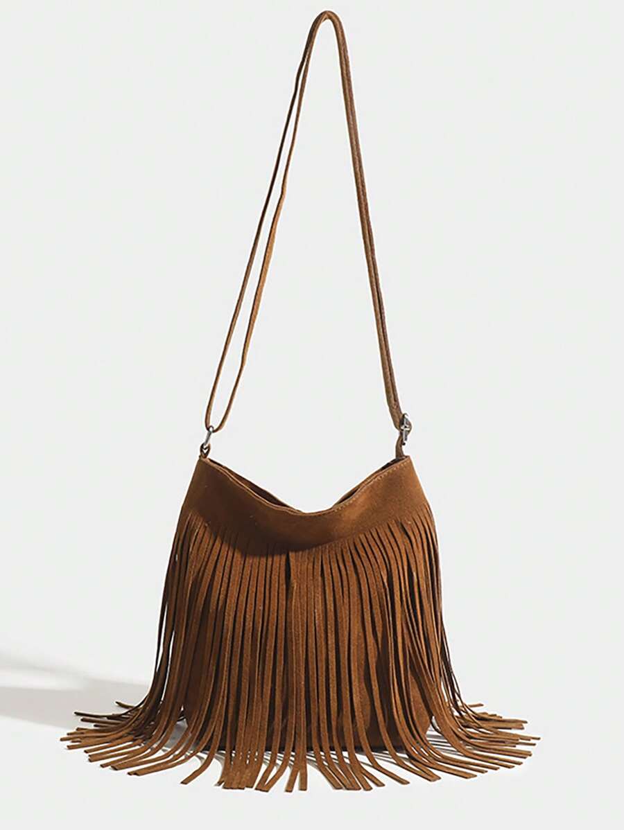 1pc Women's Vintage Tassel Bucket Bag, Reversible Tassel Crossbody Shoulder Bag - Brown - View 1