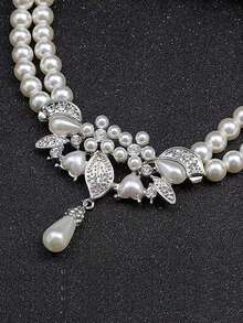 女士奢华双排玻璃珍珠项链和夹式耳环套装，新娘结婚首饰套装，无需耳洞 - 銀色 - 查看 8