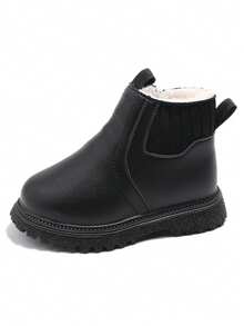 1 Pair Children's Warm Thermal Lined Solid Color Boots With Side Zipper, Non-Slip Soft Sole, Winter Boots For Kids - Black - View 7