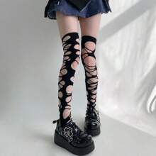 Gothic Punk Ripped Asymmetrical Sexy Fishnet Tights, Lolita Spider Web Thigh High Socks For Women Christmas Gift