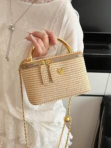 Woven Hand-Held Square Bag, A Finishing Touch To The Summer Look. With Clear Texture And Lightweight Breathability. Exquisite Golden Metal Hardware, Including Handle, Zipper And Chain Strap, Adds A Luxurious Touch. The Compact Square Design With An Internal Partition Can Hold A Mobile Phone, Lipstick And Other Small Items. - Khaki - View 7