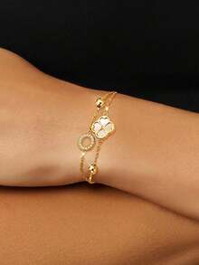 S925 Sterling Silver Clover Bracelet For Women, Double Layer Rose Gold & White Shell Minimalist Jewelry Gift Valentines