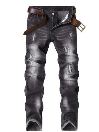 Genç Erkek Koyu Mavi İşlemeli Yıpranmış İnce Düz Paça Kot Pantolon