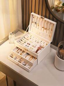 3-Layer Large Capacity Jewelry Storage Box, Portable Jewelry Storage Box, Dressing Table With Drawer Jewelry Storage Box, Gift Leather Jewelry Box, Exquisite Display Packaging Storage Container Back To School