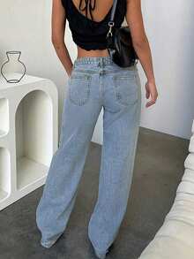 Quần jeans nữ dáng suông, kiểu dáng thường ngày, hiệu ứng giặt mài, túi cài nút và khóa kéo, chiều dài đầy đủ, chất liệu denim dệt không co giãn. - Rửa nhẹ - Xem 6