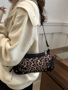 1个复古蝴蝶结装饰单肩腋下法棍包，适合约会、外出、派对，豹纹印花，新款秋冬虎纹印花女士手提包 - 黑色 - 查看 5