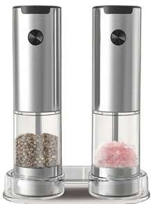电动盐和胡椒研磨器套装，带底座、胡椒研磨器、95毫升大容量、白色LED灯和可调节粗细，是家庭和厨房的理想选择（电池供电）