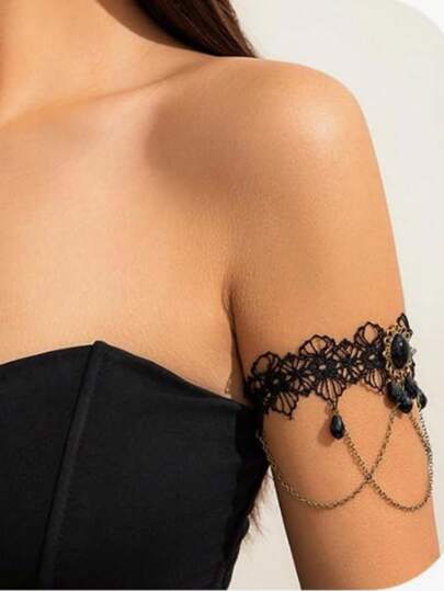 Black Pendant Arm Chain Bracelet Multi-Layer Tassel Armband Gothic Crystal Adjustable Cuff Bracelet, Alloy, For Women Halloween Party Costume Body Jewelry