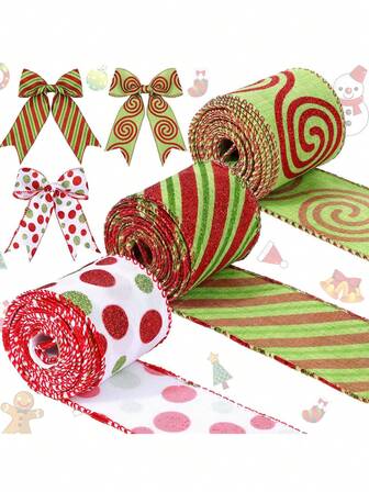 3 Rolls Christmas Wired Ribbon, Red And Lemon Green Christmas Wrapping Ribbon, 6.3cm Wide Polka Dot Fabric Christmas Decoration DIY Craft Home Decor Christmas Decorations Room Decor Winter