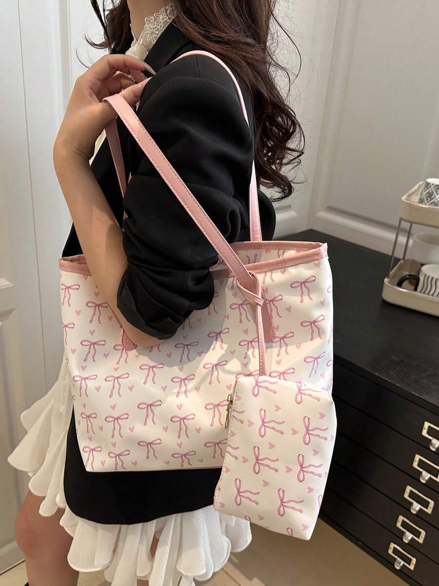 1 时尚拼色蝴蝶结印花单肩包，简约轻便，多个口袋，单肩托特包书包，返校背包，大容量，笔记本电脑隔层，便携，轻便，适合少女女大学生，非常适合返校、大学、初中、高中，时尚拉链托特包，大号学校托特包，多个隔层，非常适合海滩