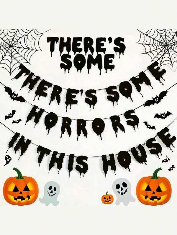 1 Set Of New Halloween Banners, Pull Flags, Halloween Party Banners "There Are Horrors In This House" - Blood Drop Ghost Bat Silhouettes, Some Horrors In This House, Glitter Pull Flags, Halloween Bats