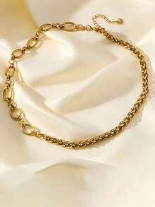 RAYQUEEN 1 Set Stainless Steel Personalized Fashion Chain Linked Gold Necklace And Bracelet Jewelry Set, Suitable As Gift - Yellow Gold - View 7