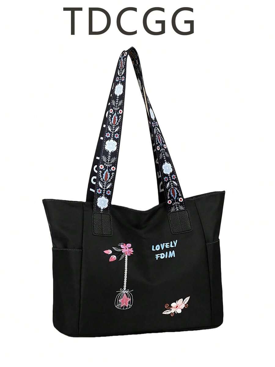 花朵刺绣手提包，时尚牛津布手提包，大容量女士单肩包，防水休闲手提包，大号帆布包，适合各种日常场合，工作，购物，课堂，户外，学校手提包 - 黑色 - 查看 1