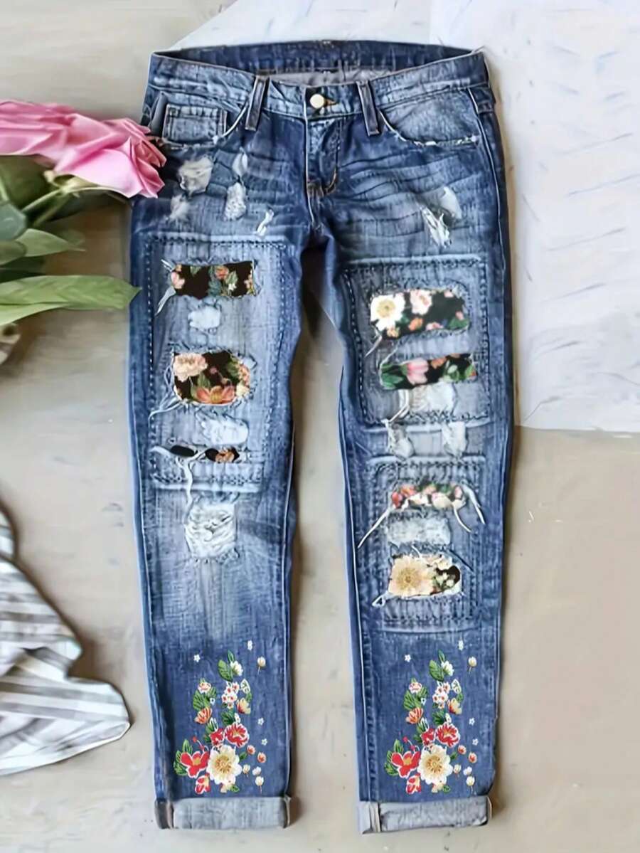 Plus Size Jeans For Women Distressed Ripped Denim Pants Floral Plaid Patchwork High Waisted Stretch Comfort Fit Bootcut - Blue - View 1