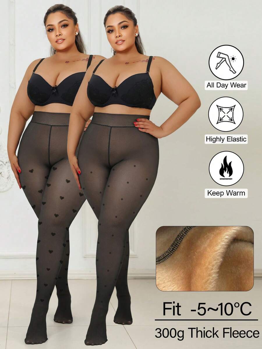 1 pezzo Collant da donna 3000D, pantaloni aderenti ad alto stretch con stampa a cuori e pois, fodera in pile spessa, collant caldi in stile gotico, adatti per temperature da -5°C a 10°C in autunno/inverno