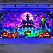 1 UV leuchtende Halloween Banner - Geisterhaus, Kürbislaterne und Grabstein Design, große Größe Polyesterfaser Garagentor Dekoration, essentiell für Innen- und Außenpartys, ohne Strombedarf, hochwertige Bedruckung, nicht leicht zu zerknitteln, Horror-Atmosphäre Hängedekoration, exklusiv für Eventveranstalter, leuchtende Effekte