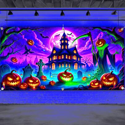 1 UV leuchtende Halloween Banner - Geisterhaus, Kürbislaterne und Grabstein Design, große Größe Polyesterfaser Garagentor Dekoration, essentiell für Innen- und Außenpartys, ohne Strombedarf, hochwertige Bedruckung, nicht leicht zu zerknitteln, Horror-Atmosphäre Hängedekoration, exklusiv für Eventveranstalter, leuchtende Effekte