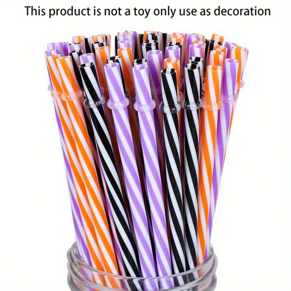 30pcs/Set Reusable Plastic Straws, Orange Purple Black Striped Drinking Straws For Party Decoration, Suitable For Beverages, Cocktails, Halloween Party Supplies