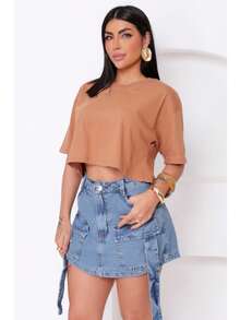 Women's Basic Cropped T-Shirt In Plain Cotton Knit - màu nâu - Xem 2