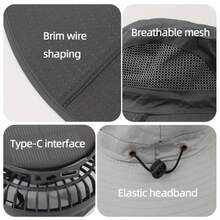 Sombrero de cubo de gran tamaño de secado rápido con ventilador solar, carga USB, sombrero de sol para hombres, senderismo al aire libre, camping, pesca, ropa refrescante - Negro - Ver 8