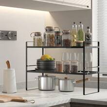 1pc Japanese-Style Kitchen Cabinet Layered Rack, Multifunctional Countertop Spice, Pot, Bowl & Dish Storage Organizer, Made Of Carbon Steel
