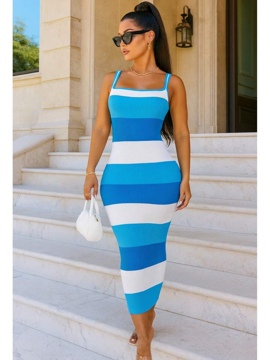 Multi Stripe Stretchy Knit Midi Dress  Colorblock  Striped    Casual  Elegant    Rib-Knit    Beach - Màu xanh lam - Xem 1