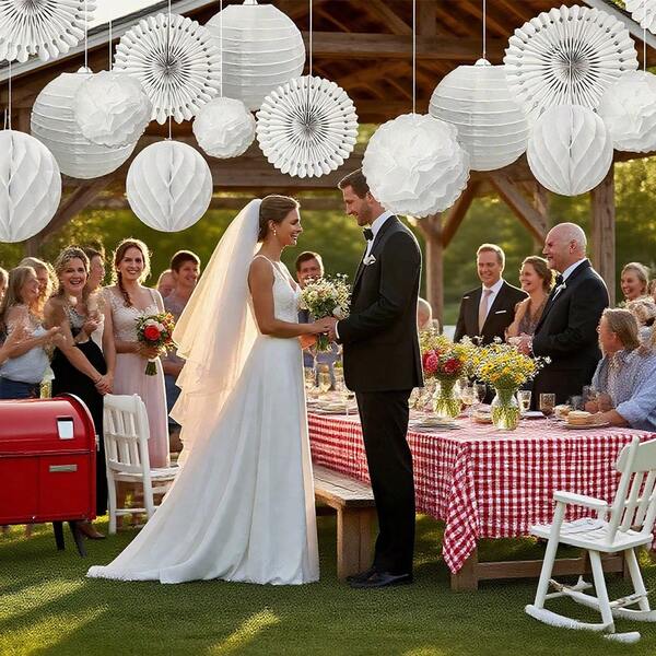 24pcs/Set White Paper Lanterns + Paper Flowers + Paper Fans Decoration Set, Suitable For Christmas, Wedding, Birthday Party, Restaurant, Church, Home Decor, Foldable DIY Hanging Decorations For Multiple Occasions, Spring/Summer/Autumn