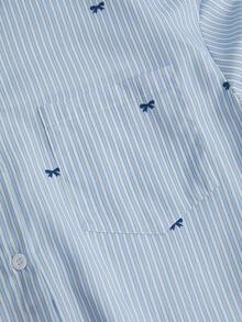Plus Size Women Striped & Bow Print Button Front Casual Long Sleeve Shirt, Spring - Blue - View 5