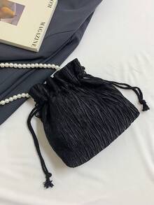 This Fashionable And Elegant Women's Crossbody Bag Is Made Of Polyester Fabric, Decorated With A Bow, Drawstring Closure, And Features A Beaded Chain Strap, Suitable For Occasions Such As Banquets, Parties, And Weddings. - Black - View 8