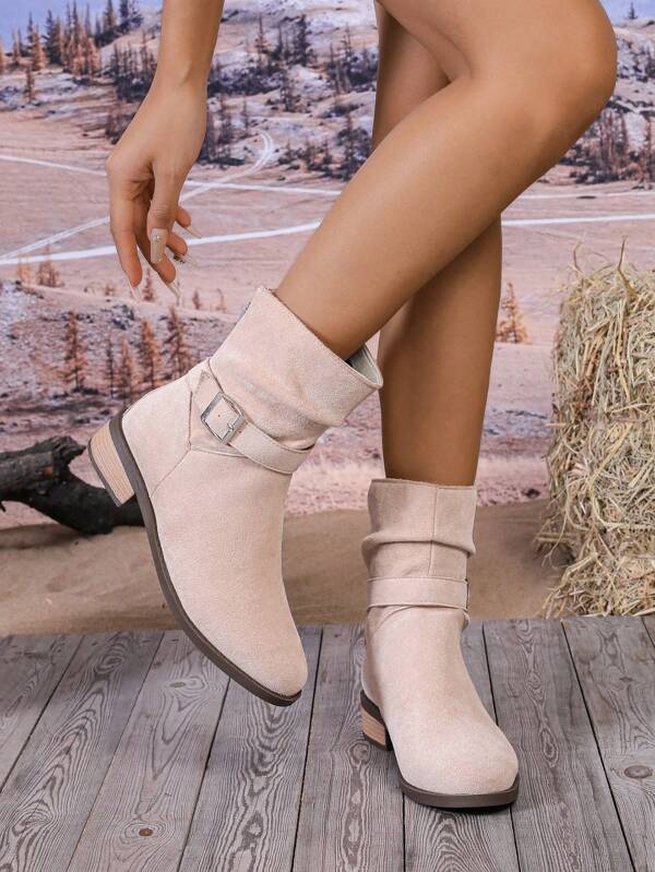 Women's New Casual Comfortable Retro Pointed Toe Chunky Heel Elegant Wood Grain Sole Versatile Suitable For Shopping, Dating, Office, Travel, Slimming, Suede, All Season Short Boots