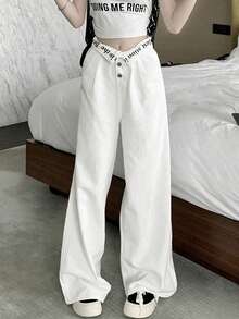 女式白色阔腿牛仔裤，宽松修身，休闲直筒及踝长裤，春季