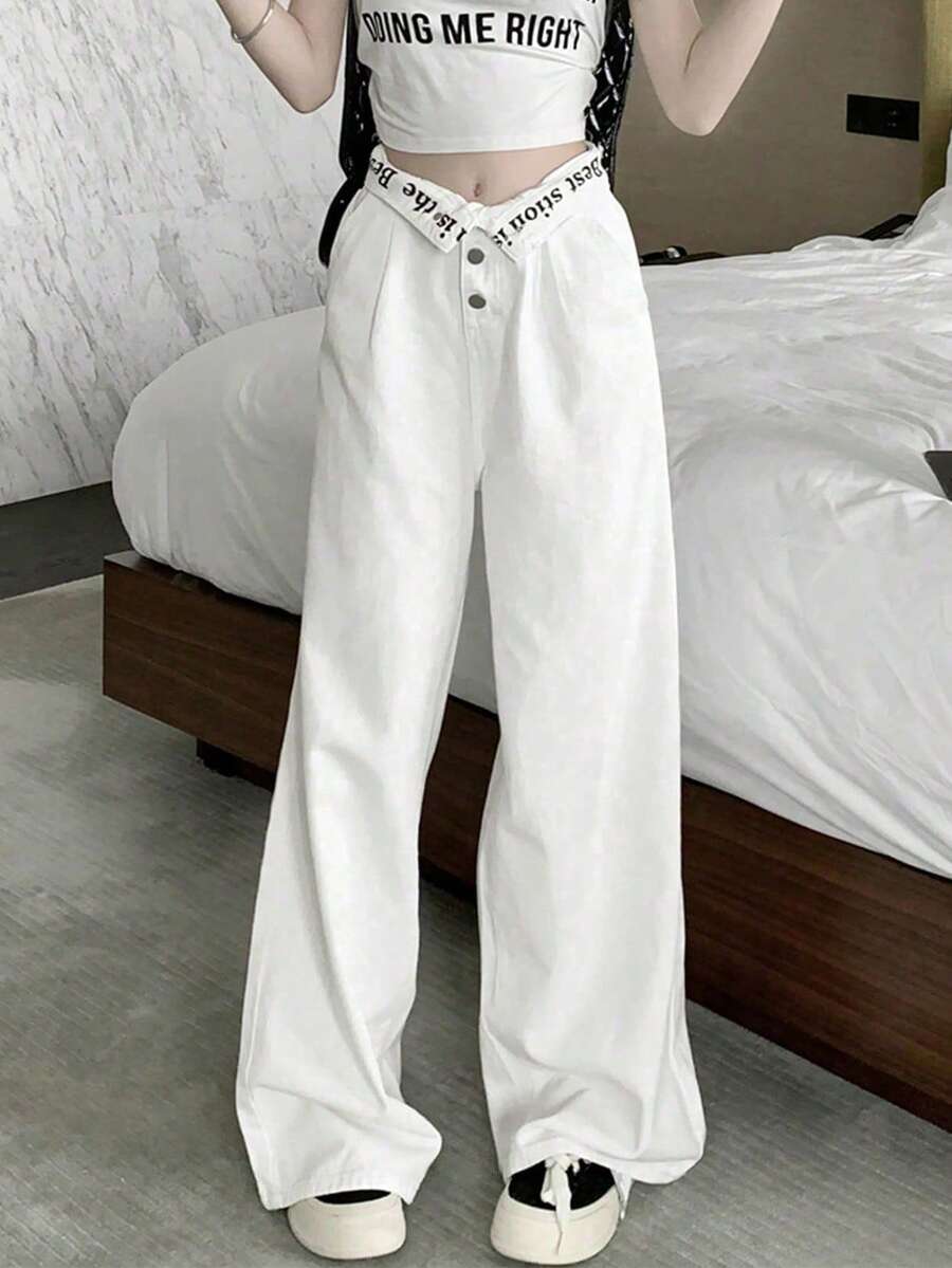 女式白色阔腿牛仔裤，宽松修身，休闲直筒及踝长裤，春季
